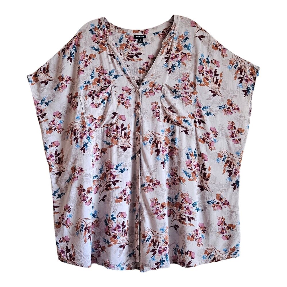 TORRID 3 Women's 22 24 Tunic Blouse Button Up Floral Pink Burgundy V-Neck 54"